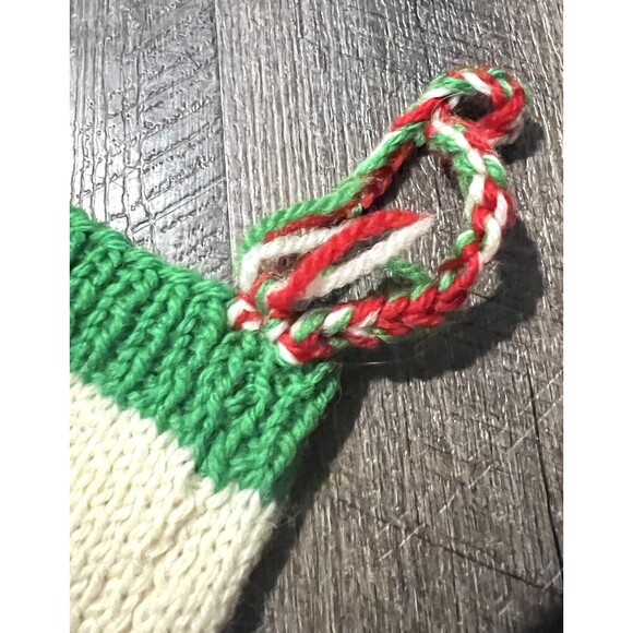 VINTAGE Hand Knit Knitted Christmas Stocking Angora Hair Santa Green White MCM - Picture 2 of 7